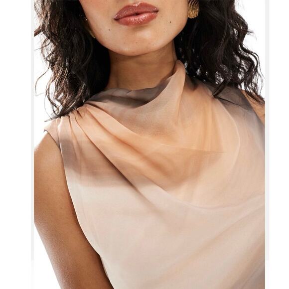 ASOS Beige Tie Dye  High Neck Chiffon Drape Sleeveless Mini Sheath Dress Size 6 - Picture 5 of 9